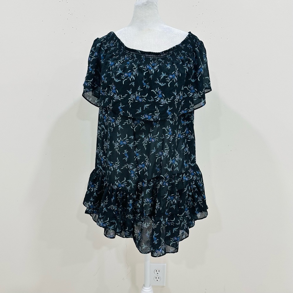 Free People Womens Chiffon Off Shoulder Top Black Blue Floral‎ Ruffle L Boho